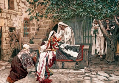 Chrystus wskrzeszający córkę gubernatora synagogi Jaira, 1897 r. autorstwa James Tissot