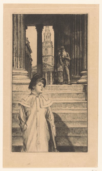Młoda kobieta schodzi po schodach Galerii Narodowej w Londynie autorstwa James Tissot