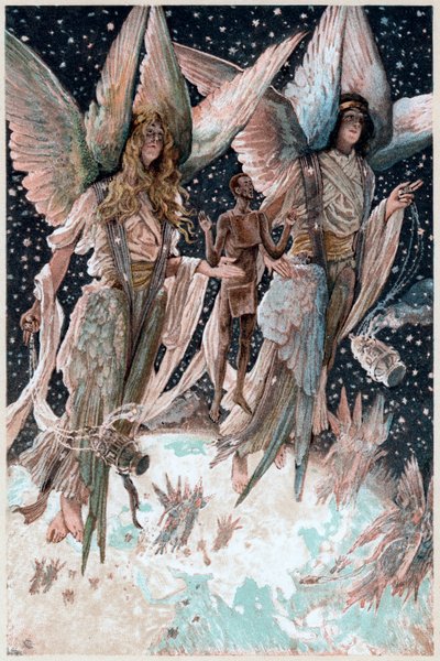 Dusza skruszonego złodzieja sprowadzonego do Raju przez anioły z płonącymi kadzielnicami, 1897 autorstwa James Tissot