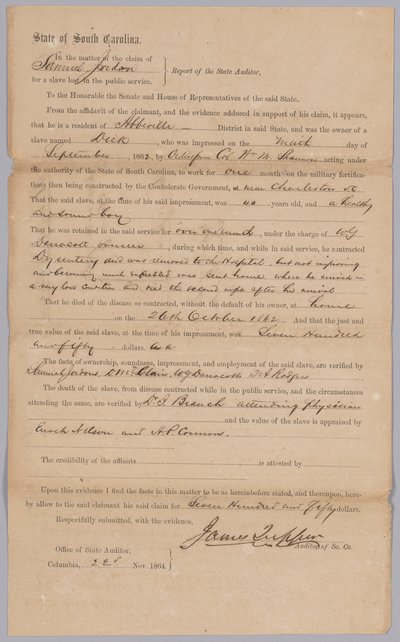 Roszczenie przyznane przez Konfederacki stan Karolina Południowa za zniewolonego mężczyznę Dicka, 23 listopada 1864 r. autorstwa James Tupper