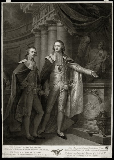 Portrety wielkich książąt Rosji Aleksandra I Pawłowicza (1777-1825) i Konstantyna Pawłowicza (1779-1831). Praca Jamesa Walkera (1748-około 1808), rycina 1797. Sztuka angielska autorstwa James Walker