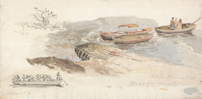 Zadaszona łódź i dwie łodzie wiosłowe na nabrzeżu; Wstawka po lewej, studium ołówkiem promu Tintern Livestock Ferry-boat autorstwa James Ward