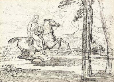 Jeździec w krajobrazie, prawdopodobnie studium dla „Theophilus Levett Fox Hunting in Wychnor Park” autorstwa James Ward