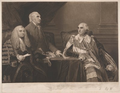John Dunning, 1. baron Ashburton, z pułkownikiem Isaakiem Barre i Williamem Petty, 2.hrabią Shelburne, markizem Lansdowne autorstwa James Ward