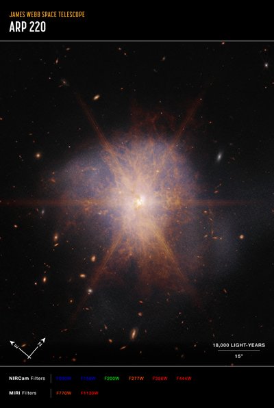 Arp 220 (obraz z kompasu NIRCam i MIRI) autorstwa James Webb Space Telescope (NASA)