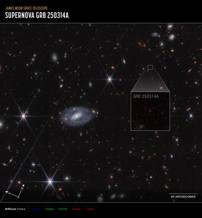 Powiększenie GRB 250314A (zdjęcie z kamery NIRCam satelity Compass) autorstwa James Webb Space Telescope (NASA)