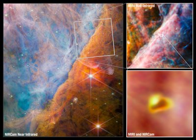 Kolaż z Baru Oriona (obrazy NIRCam i MIRI) autorstwa James Webb Space Telescope (NASA)