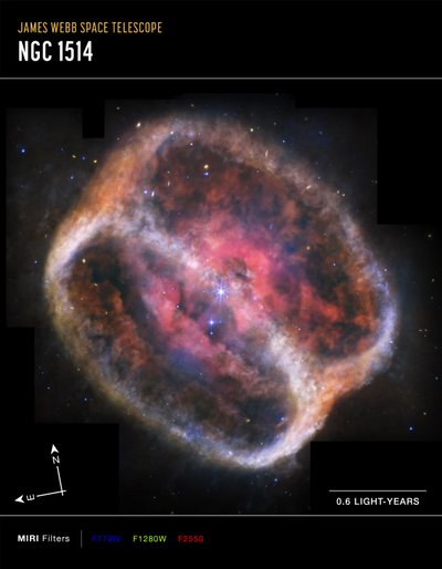 Mgławica planetarna NGC 1514 (zdjęcie wykonane przez instrument MIRI w trybie Compass) autorstwa James Webb Space Telescope (NASA)