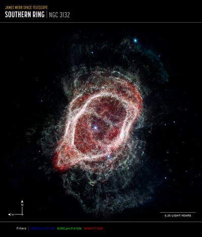 Szprychy Mgławicy Pierścień Południowy (kompasowy obraz NIRCam i MIRI) autorstwa James Webb Space Telescope (NASA)