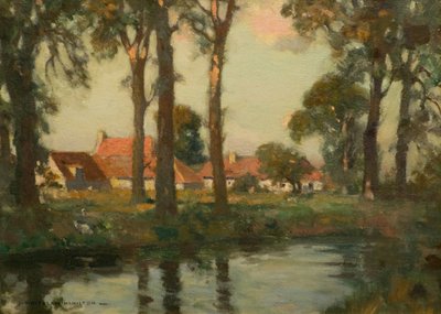Ciepłe Czerwone Dachy (olej na pokładzie) autorstwa James Whitelaw Hamilton