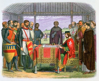 Ilustracja przedstawiająca króla Jana podpisującego Magna Carta, XIX wiek autorstwa James William Edmund Doyle