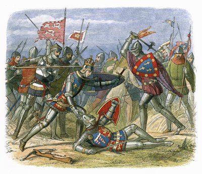 Król Henryk V zaatakowany przez księcia Alencon w bitwie pod Agincourt autorstwa James William Edmund Doyle