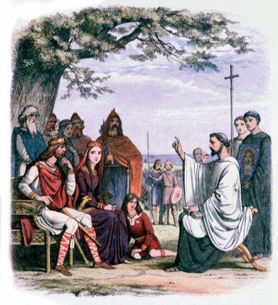 Św. Augustyn przemawia do króla Ethelberta i królowej Berty, XIX w. autorstwa James William Edmund Doyle