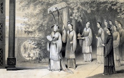 Cesarzowa i jej sługi w drodze do świątyni z gaju morwowego, 1847 r. autorstwa James William Giles