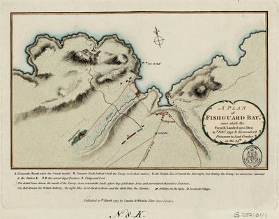 Plan zatoki Fishguard, w pobliżu której 22 lutego 1797 r. Francuzi wyładowali 1200 ludzi i 24 lutego przekazali jeńców lordowi Cawdorowi. autorstwa James and Laurie Robert (1755 1836) Whittle