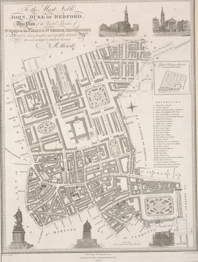 Do najszlachetniejszego Jana, księcia Bedford. Ten plan połączonych parafii St. Giles in the Fields i St. George, Bloomsbury autorstwa James the Elder Wyld