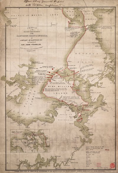 Szkic odkryć na północnym wybrzeżu Ameryki dokonanych przez kapitana McClintocka RN w poszukiwaniu Sir Johna Franklina, ok. 1859 r. (kolorowy grawerunek) autorstwa James the Younger Wyld