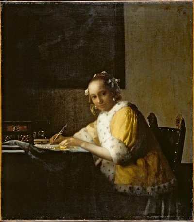 Dama pisząca ... (olej na płótnie) autorstwa Jan (1632-75) Vermeer
