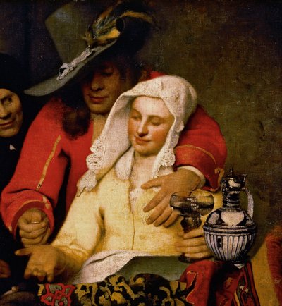Mężczyzna podaje monetę kobiecie dotykającej jej piersi, szczegół z The Procuress autorstwa Johannes Vermeer