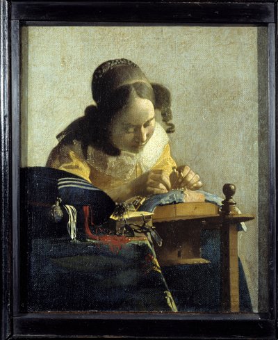 Koronka. Obraz Jana (Johannesa) Vermeera z Delft (1632-1675), około 1658-1660. Olej na płótnie. Wymiary: 0,24x0,21m. Muzeum w Luwrze. autorstwa Johannes Vermeer