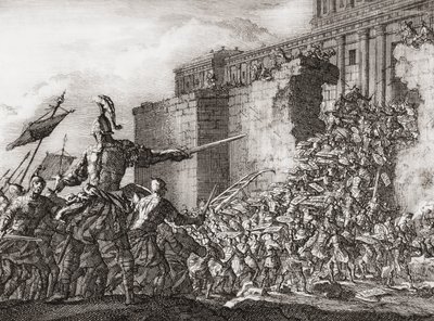 Pompejusz atakujący Świątynię Jerozolimską w 63 roku p.n.e. (druk) autorstwa Jan (after) Luyken