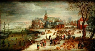 Widok na Shelle i rzekę Scheldt zimą z targiem i łyżwiarzami autorstwa Jan (follower of) Brueghel