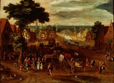 Wioska z podróżnikami przed karczmą autorstwa Jan (follower of) Brueghel
