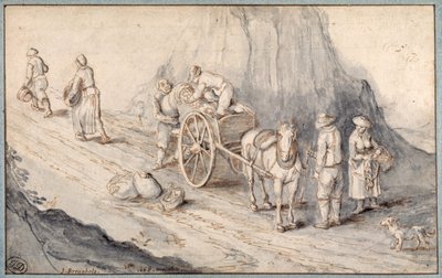 Chłopi ładujący jednokonny wóz z warzywami korzeniowymi (pióro i atrament z myciem na papierze) autorstwa Jan (follower of) Brueghel