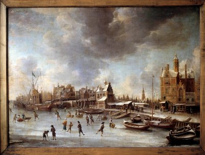 Zimowy krajobraz. Łyżwiarze na zamarzniętym jeziorze. Obraz Burstatena (1622-1666) XVII wiek. Berlin, Państwowe Muzeum autorstwa Jan Abrahamsz. Beerstraten