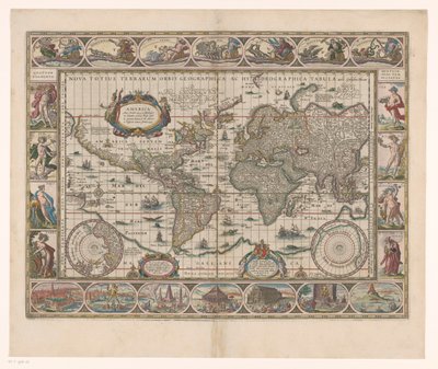 Wereldkaart spotkał się z dekoracyjnym randen Nowa mapa geograficzna i hydrograficzna całego świata autorstwa Jan Aertse van den Ende