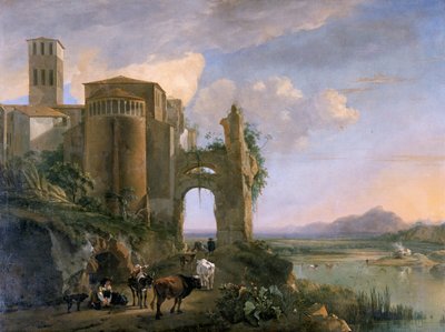 „Krajobraz rzeczny z kościołem SS Giovanni e Paolo, Rzym”, ok. 1630-1652 autorstwa Jan Asselijin