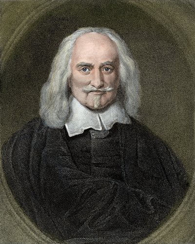 Portret Thomasa Hobbesa (1588-1679) angielskiego filozofa. Grawerowanie kolorystyczne XIX wieku. autorstwa Jan Baptist (after) Jaspers