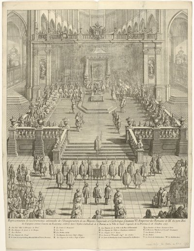 Przybywa van keizer Karel VI als graaf van Vlaanderen te Gent, 1717 Reprezentacja uroczystej ceremonii Inauguracji Jego Cesarskiej i Katolickiej Mości Karola VI. Cesarz Rzymian i III król Hiszpanii jako hrabia Flandii autorstwa Jan Baptist Berterham