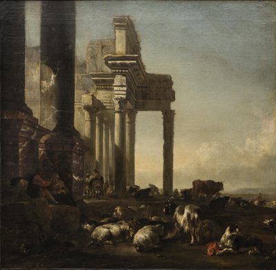 Pejzaż włoski z chłopami, bydłem i owcami przy ruinach klasycystycznych, ok. 1650 (olej na płótnie) autorstwa Jan Baptist Weenix