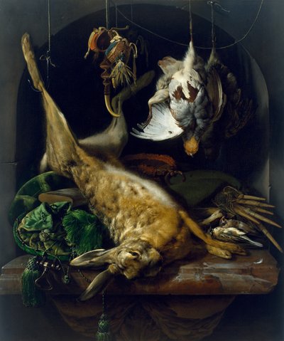 Martwa natura z martwym zająca, kuropatwy i inne ptaki w niszy, ok. 1675 autorstwa Jan Baptist Weenix