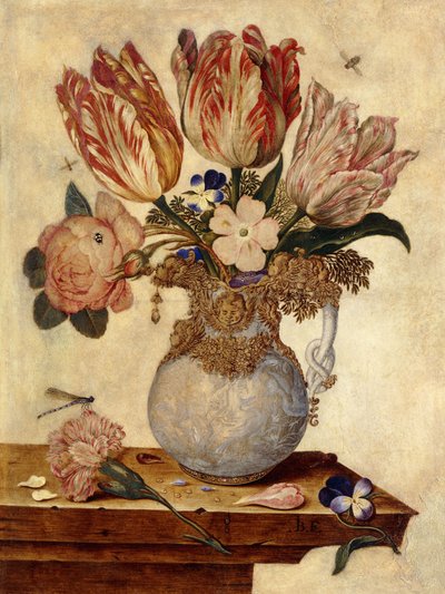 Tulipany, niezapominajki, piwonie i inne kwiaty w wazonie na półce, autorstwa Jan Baptist van Fornenburgh
