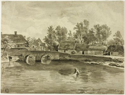 Mężczyzna łowiący ryby w rzece w pobliżu wioski autorstwa Jan Baptiste de Jonghe