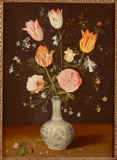 Tulipany, róże, niezapominajki i inne kwiaty w niebiesko-białym wazonie z późnego Ming autorstwa Jan Brueghel the Elder