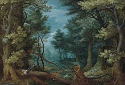 Leśny krajobraz z myśliwymi ścigającymi jelenia autorstwa Jan Brueghel the Elder