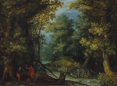 Myśliwi z psami przy strumieniu w zalesionym krajobrazie autorstwa Jan Brueghel the Elder