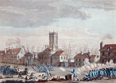 Bitwa przed Eglise de la Chapelle w Paryżu. między strażnikami barier Fermiers Generaux a rewolucjonistami w dniu 24 stycznia 1791 r., ok. 1795 r. autorstwa Jan Bulthuis
