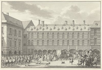 Niepokoje, gdy Deputowani Dordrechtu przejeżdżają przez Stadhouderspoort na Binnenhof, 1786 autorstwa Jan Bulthuis