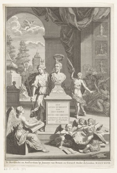 Popiersie Hugo de Groota wychwalane przez Victorię Życie i działalność pana Huig de Groot (tytuł na obiekcie) Strona tytułowa dla: Caspar Brandt i Adriaan van Cattenburg, Historia życia pana Huig de Groot, 1727 autorstwa Jan Caspar Philips