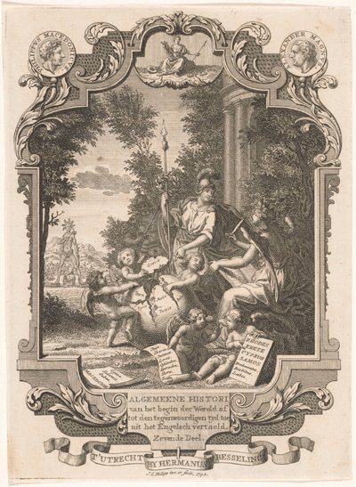 Kartusz z alegorią historii Grecji Strona tytułowa dla: Kornelis Westerbaen, Algemeene histori, 1742 autorstwa Jan Caspar Philips