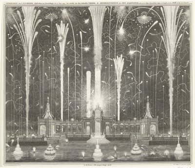 Fajerwerki w Hadze dla pokoju w Akwizgranie, 1749 Wizerunek fajerwerków wystrzelonych w Hadze 13 czerwca 1749, używany przez den Aakensche Vreede / Representation du feu d
