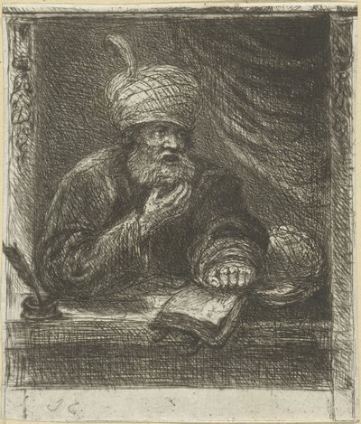 Mężczyzna w turbanie za stołem do pisania autorstwa Jan Chalon