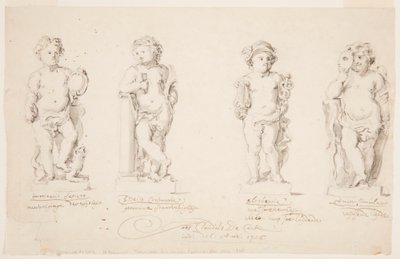 Rysunek, projekty statuetek: "Mądrość". "Stałość". "Elokwencja". "Kupidyn w przebraniu", 1726 r. autorstwa Jan Claudius de Cock