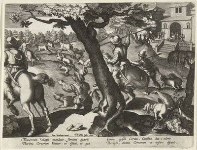 Hertenjacht spotkał honden Jachttaferelen (tytuł serii) Polowanie na zwierzynę, ptactwo i ryby w Bestiariuszu (tytuł serii) autorstwa Jan Collaert (II) (attributed to)