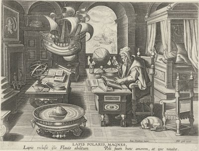Wynalezienie kompasu Lapis Polaris, Magnes (tytuł na obiekcie) Nowe wynalazki i odkrycia (tytuł serii) Nova Reperta (tytuł serii) autorstwa Jan Collaert (II) (attributed to)