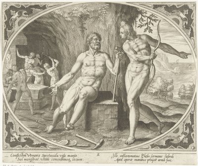 Phoebus informuje Wulkana o cudzołóstwie Wenus i Mars (tytuł serii) autorstwa Jan Collaert (II)